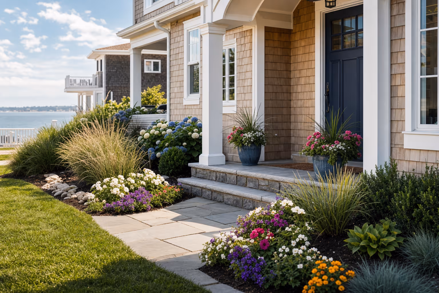 Illustrative seasonal flowers for a shore-home entry