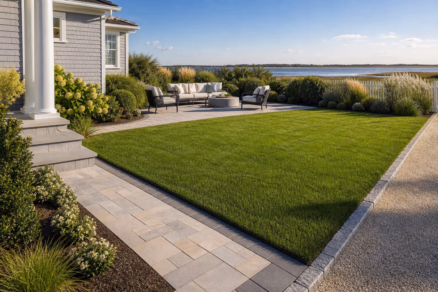 Illustrative freshly mowed lawn and cleaned walkway at a shore property