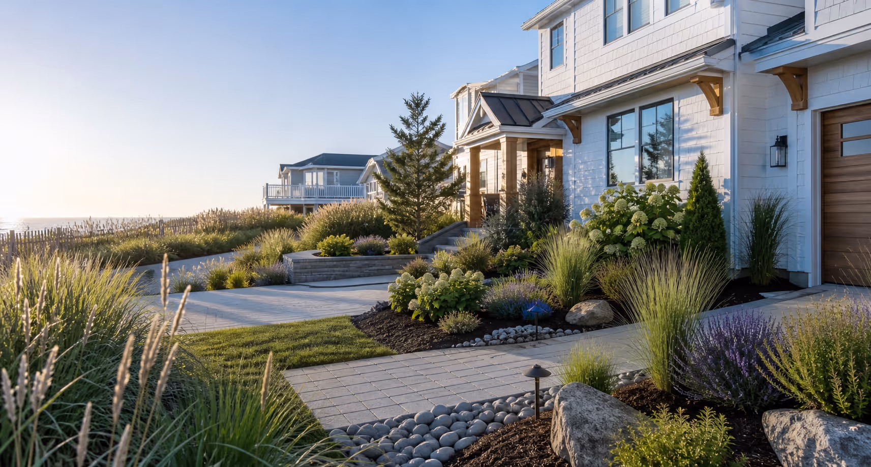 Illustrative guest-ready shore home with neat lawn, beds, and welcoming entry