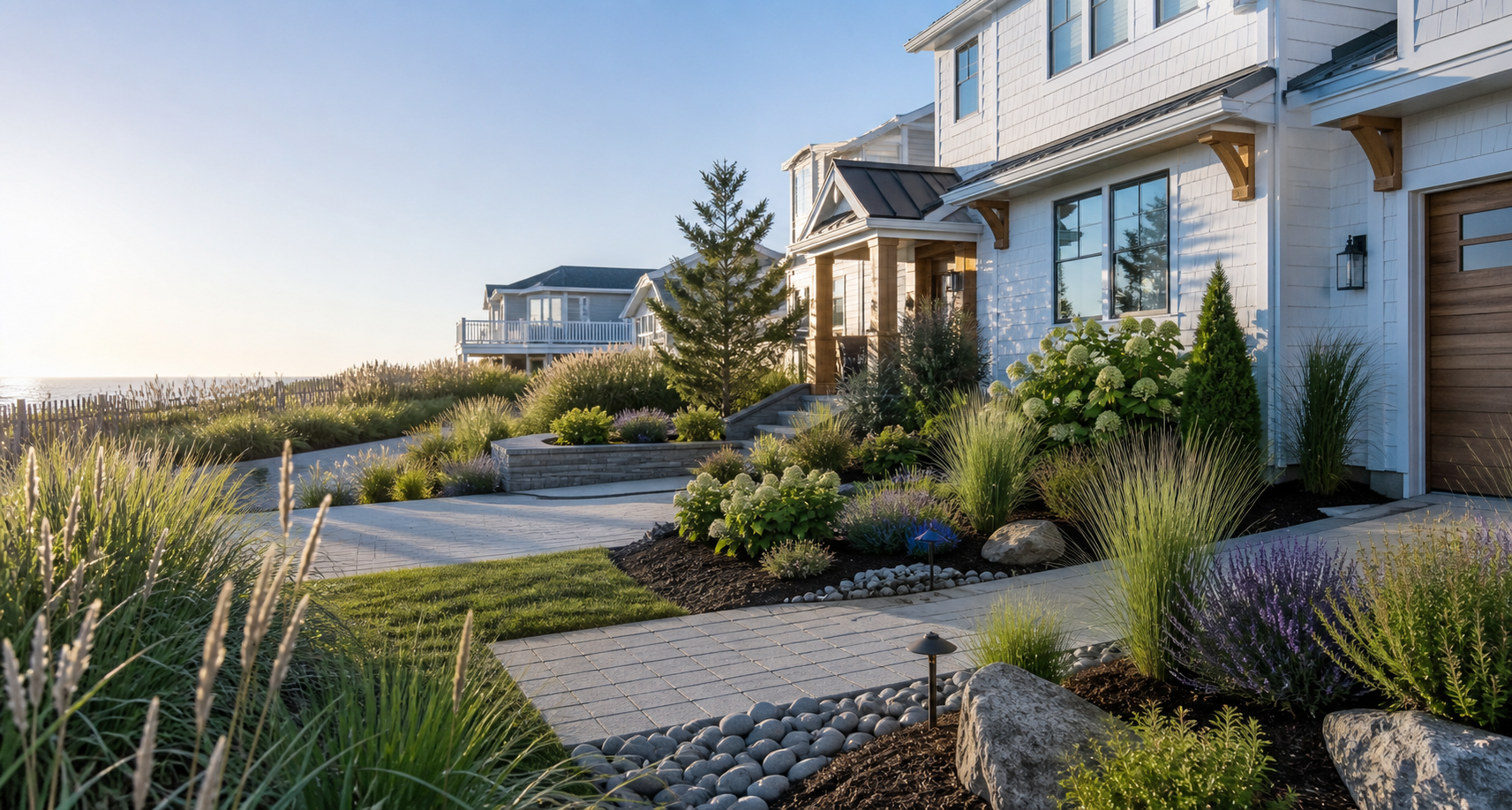 Modern Long Beach Island landscaping with mulch, lawn, planting, cleanups, irrigation, and stone delivery