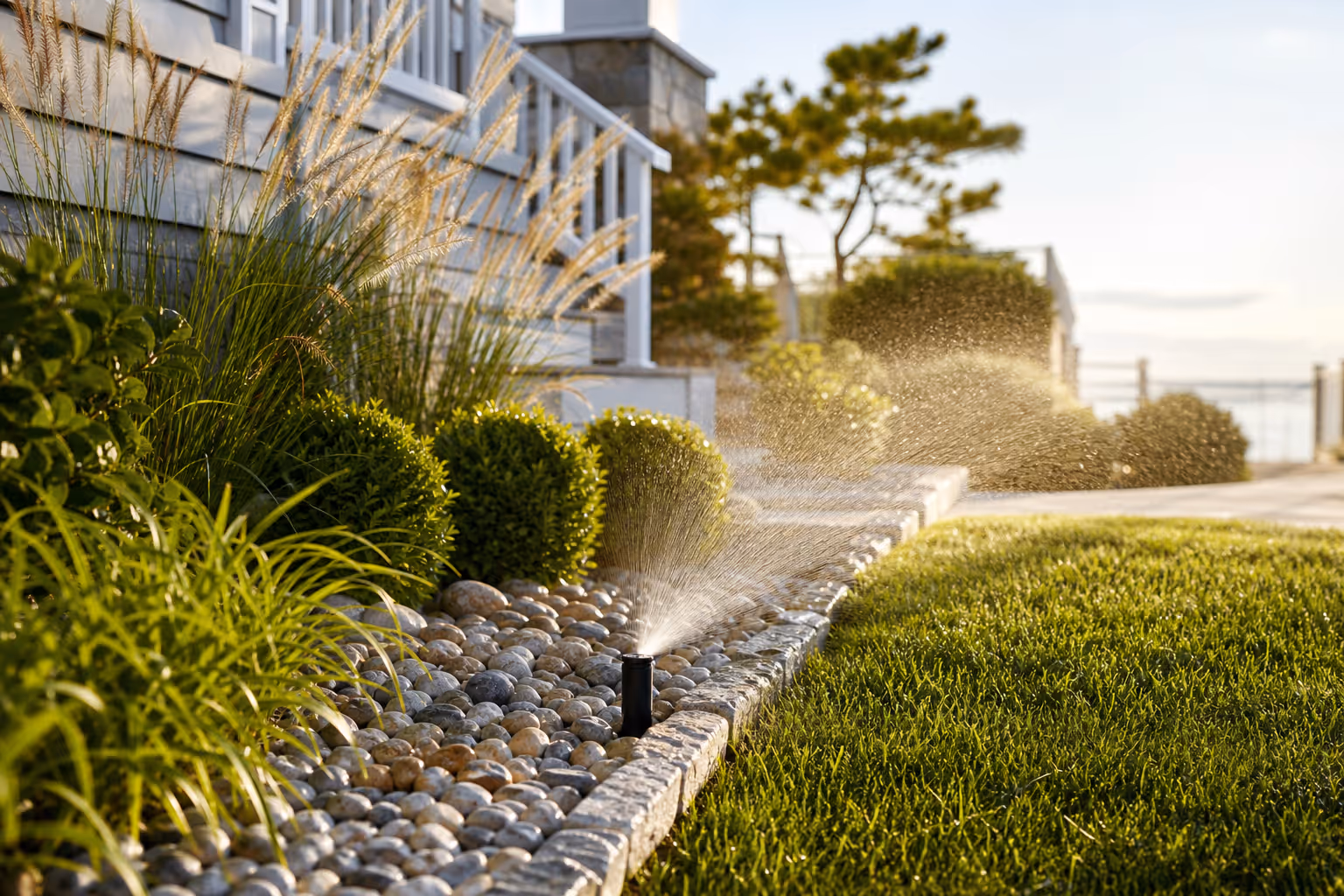 Illustrative lawn irrigation system watering a landscaped property