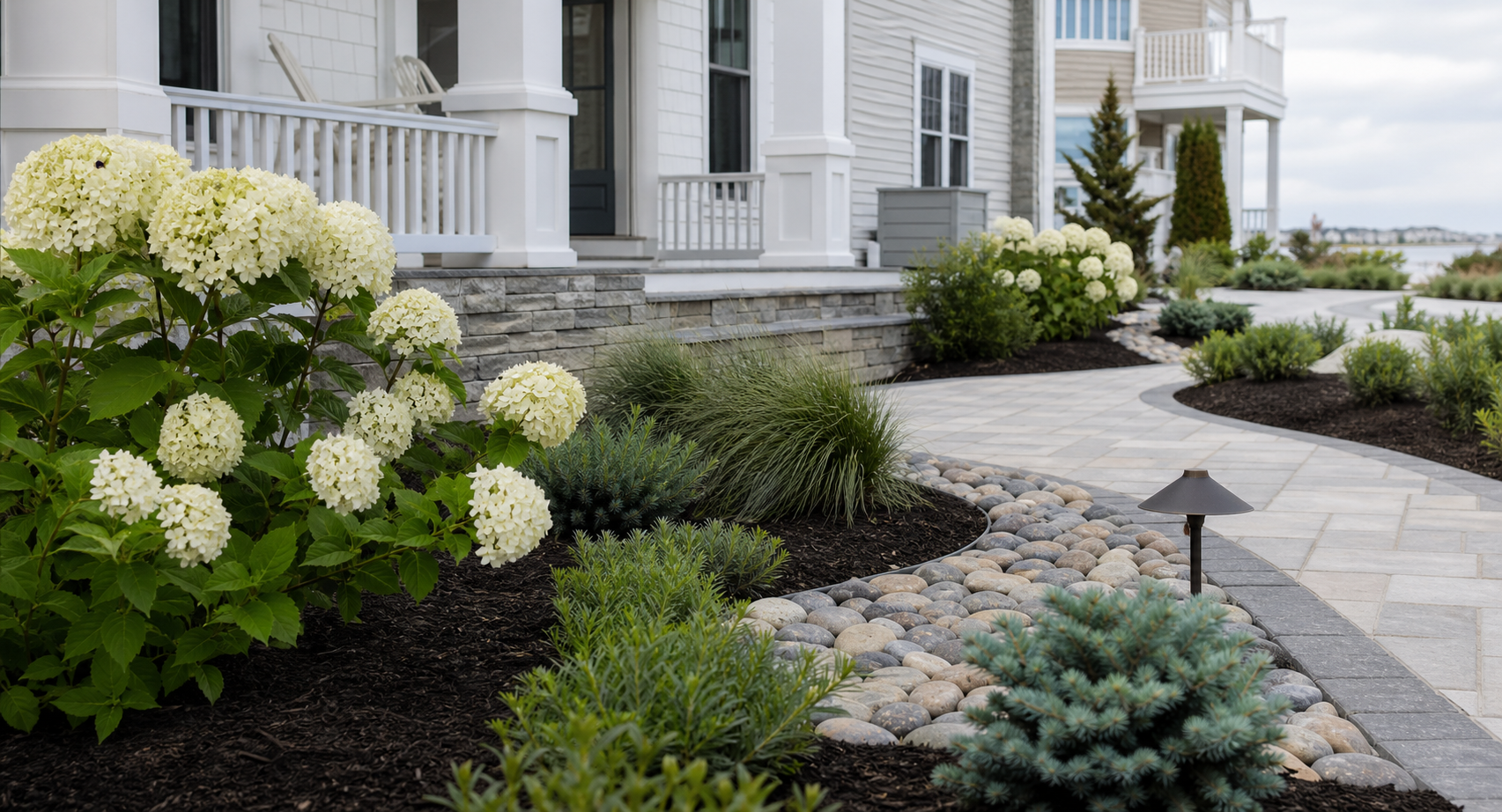 Fresh coastal landscape bed after cleanup, mulching, stone edging, and planting